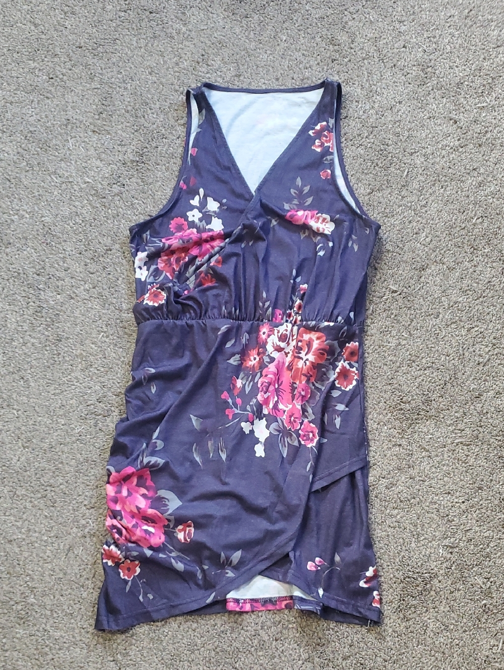 Sleeveless Asymmetrical Floral Wrap Dress - Navy with Pink Floral